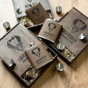 Groomsmen Invitation Gift Box Wooden Personalized Wedding Man of Honor, Whiskey Flask Leather Wrapped Custom Engraved for Bachelor Party