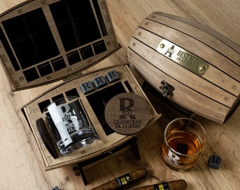 Personalized Whiskey Glass Set: Engraved Wood Barrel Bar, Groomsmen Gift