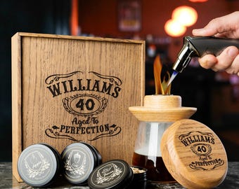 Personalized Whiskey Smoker for Dad, Engraved Oak Cocktail Gift Set