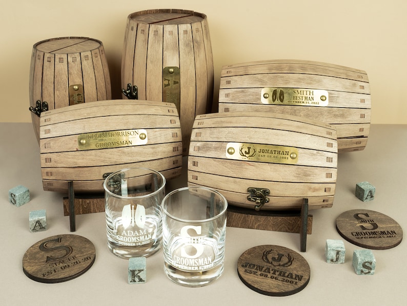 Groomsmen gift set, Engraved bourbon glasses and whiskey stones in a personalized barrel, Cool for the best man or usher image 6