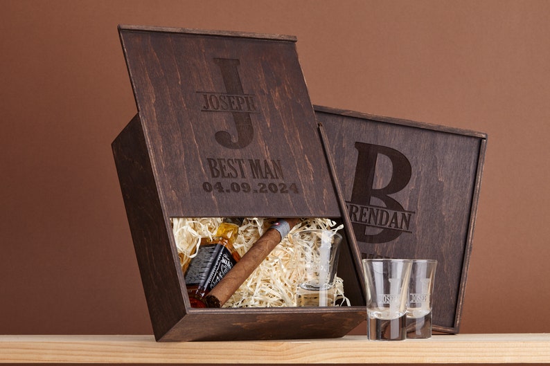 Groomsmen Gift Box, Personalized Shot Glass Set, Groomsmen Proposal, Cigar Gift Box, Bachelor party gift, Groomsman Proposal gift image 1