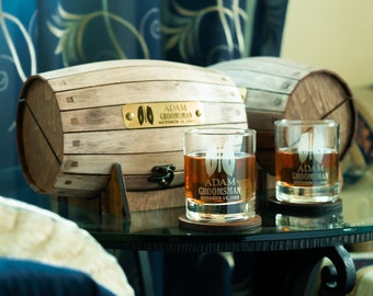 Personalized Whiskey Glasses set in Wooden Barrel - Groomsman Gift,  Best Man or Usher Gift, Whiskey Barrel Set