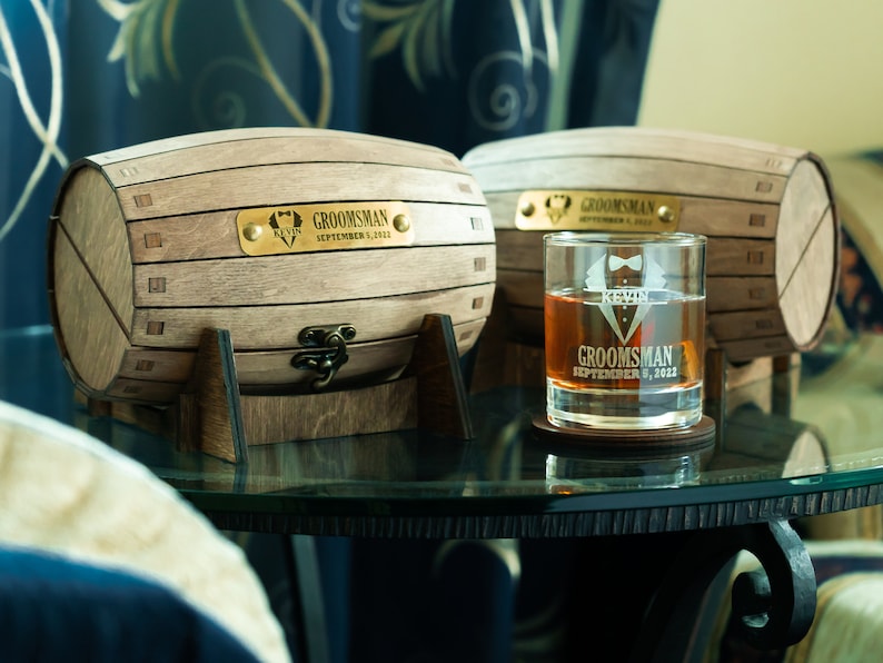 Groomsmen gift set, Engraved bourbon glasses and whiskey stones in a personalized barrel, Cool for the best man or usher image 9
