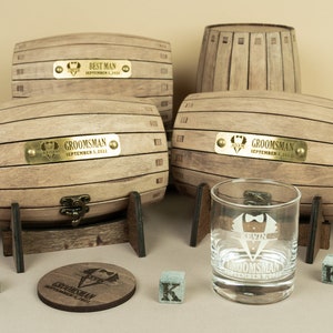 Groomsmen gift set, Engraved bourbon glasses and whiskey stones in a personalized barrel, Cool for the best man or usher image 1