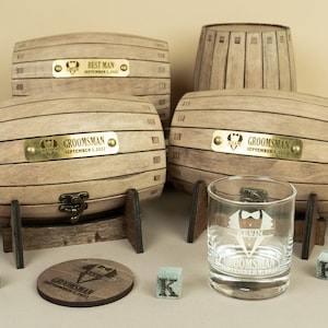 Groomsmen gift set, Engraved bourbon glasses and whiskey stones in a personalized barrel, Cool for the best man or usher image 1