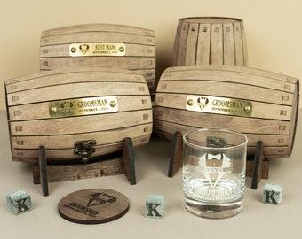 Groomsmen gift set, Engraved bourbon glasses and whiskey stones in a personalized barrel, Cool for the best man or usher