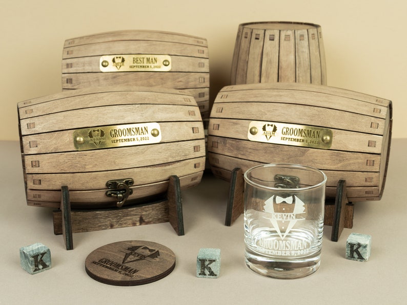 Groomsmen gift set, Engraved bourbon glasses and whiskey stones in a personalized barrel, Cool for the best man or usher image 1