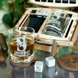 Bourbon Whiskey Glasses and Stones - Unique Groomsmen gift Kit  For Men In Whiskey Barrel Gift Box