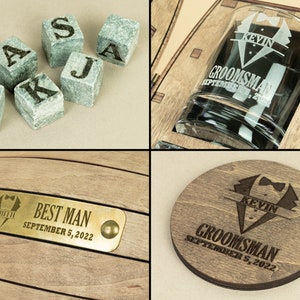 Groomsmen gift set, Engraved bourbon glasses and whiskey stones in a personalized barrel, Cool for the best man or usher image 5