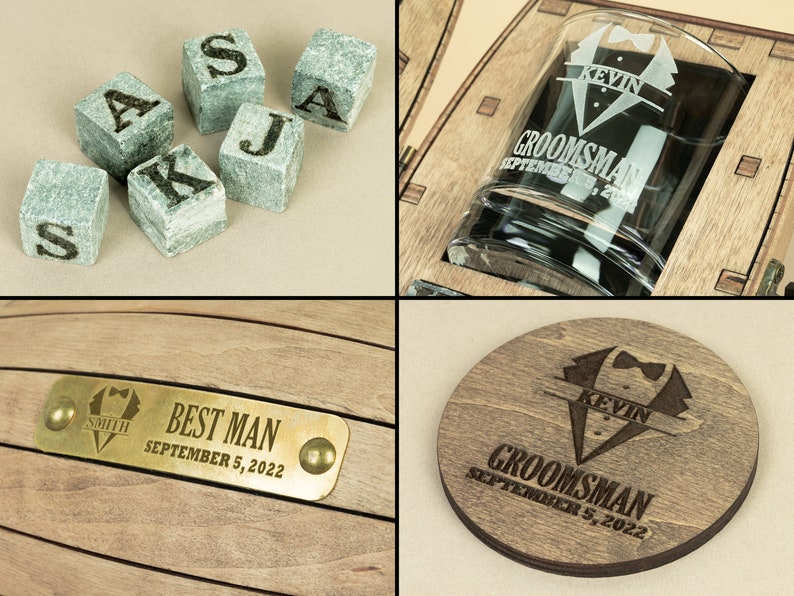 Groomsmen gift set, Engraved bourbon glasses and whiskey stones in a personalized barrel, Cool for the best man or usher image 5