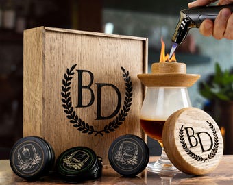 Custom Engraved Whiskey Smoker Kit, Personalized Oak Cocktail Gift Set