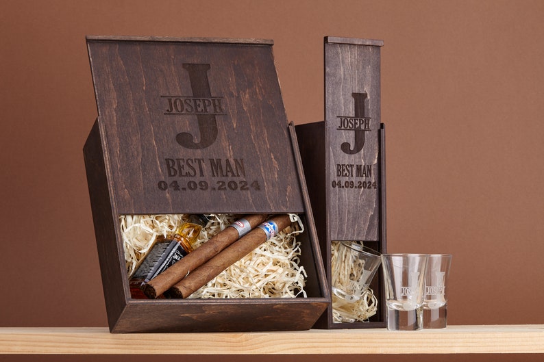 Groomsmen Gift Box, Personalized Shot Glass Set, Groomsmen Proposal, Cigar Gift Box, Bachelor party gift, Groomsman Proposal gift image 2