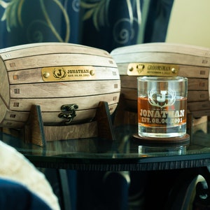 Personalized Whiskey Glasses Set in Wooden Barrel Box, Man Cave Barware ...