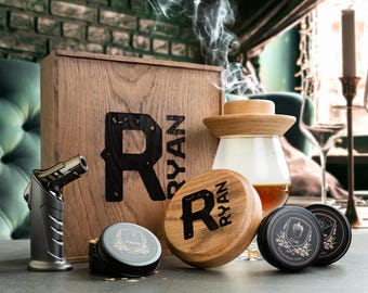 Personalized Whiskey Smoker Kit, Oak Cocktail Smoker Gift Set for Men with Torch and Chips