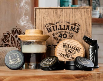 Oak Whiskey Smoker Cocktail Set, Personalized Retirement Gift for Him, Wood Gift Box