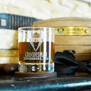 Groomsmen gift set, Engraved bourbon glasses and whiskey stones in a personalized barrel, Cool for the best man or usher image 8