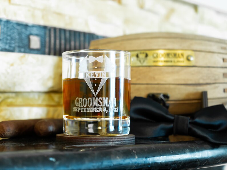 Groomsmen gift set, Engraved bourbon glasses and whiskey stones in a personalized barrel, Cool for the best man or usher image 8