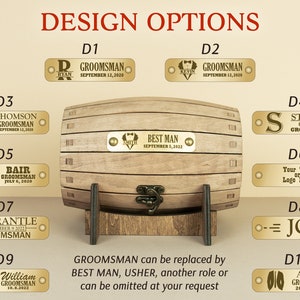 May include: Design options for personalised wooden barrel gift boxes with engraved metal plates. The plates feature different designs, including initials, names, and the words "Groomsmans", "Best Man", and "Usher". The text "Groomsmans" can be replaced with "Best Man", "Usher", another role, or can be omitted at your request.