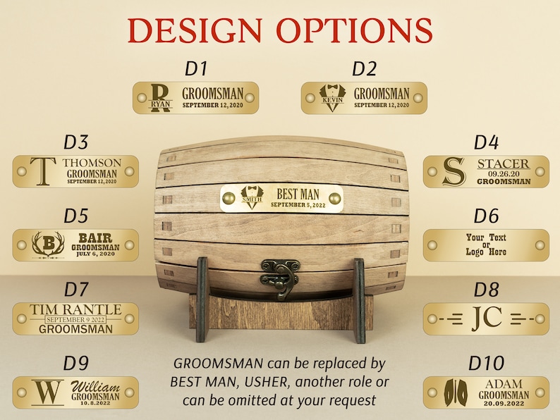 May include: Design options for personalised wooden barrel gift boxes with engraved metal plates. The plates feature different designs, including initials, names, and the words "Groomsmans", "Best Man", and "Usher". The text "Groomsmans" can be replaced with "Best Man", "Usher", another role, or can be omitted at your request.
