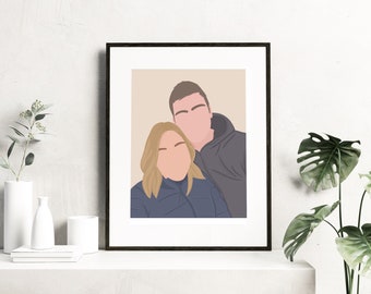 May include: A framed illustration of a couple, a woman with blonde hair and a man with brown hair, both wearing jackets. The background is a light peach color.
