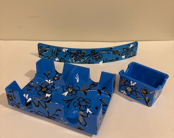 Hand-Painted Blue Henna Canasta Set, 3-Piece Card Rack, Spinner, Deck Holder