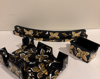 3 Piece Canasta Set. Card Rack, Spinner, extra Deck Holder, gold butterfly  design