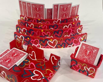 Canasta Set 6 Piece  , Red with Hearts  Design. 4 Card Racks, Spinner, Deck Holder
