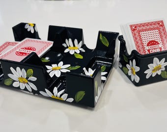 Hand Painted Daisy Canasta Set . 3 Piece set with Card Rack, Spinner, Deck Holder.