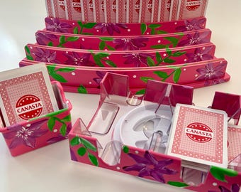 Hand Painted Canasta Set, Tropical Floral Design, 6-Piece Card Game Accessories 2 tiered racks