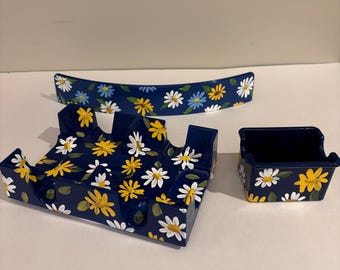 Hand-Painted Blue Daisy Canasta Set, 3-Piece Card Rack Spinner Holder