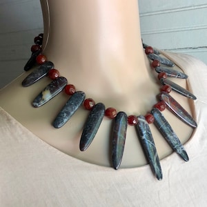 Sterling Silver Hand-Strung Carnelian Agate & Jasper Bead Necklace 21&quot; Length