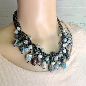 Sterling Silver Hand Strung Jasper,Black Agate, & Quartz Bead Necklace 20&quot; Length