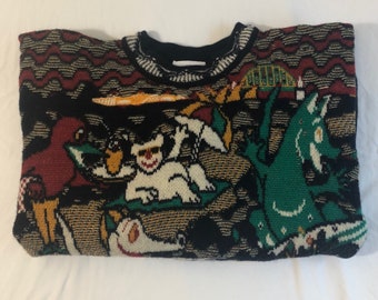 Vintage Cuggi Colorful "Animals of Australia" Long Sleeve Sweater Sz L