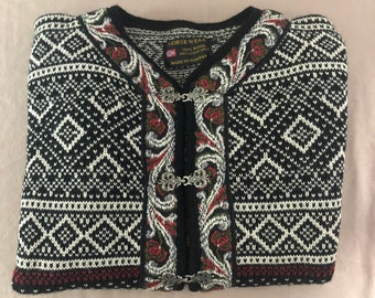 Vintage Norsk Wear Wool Sweater: Black Patterned Knit with Metal Clasps (Sz S)