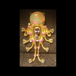 Welo Ethiopian Opal, Pink and Purple Sapphire, Iolite, Blue Zircon, & Tsavorite Garnet Pendant Vermeil Designer
