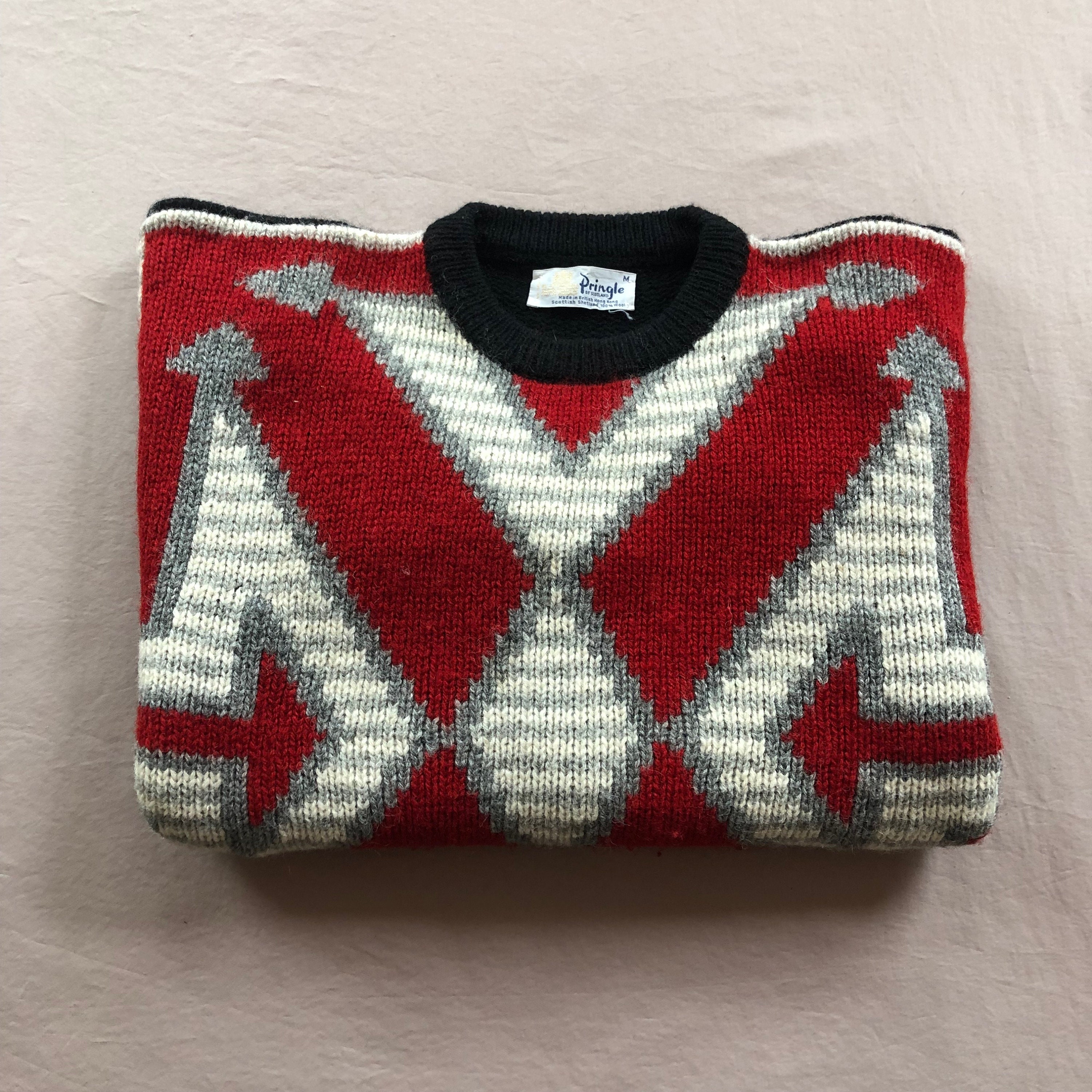 Vintage Pringle of Scotland Red Unique Pattern Long Sleeve Wool