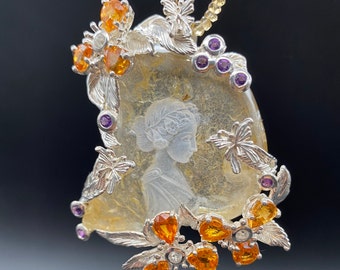 Hand Carved Quartz Cameo Pendant: Mandarin Garnet, Amethyst, Zircon, Sterling Silver