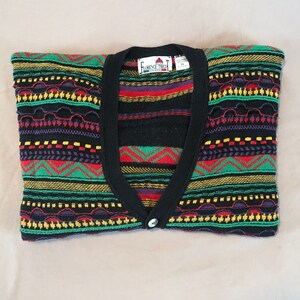 Vintage Florence Tricot Black Colorful Stripe Cardigan Sweater Sz XL