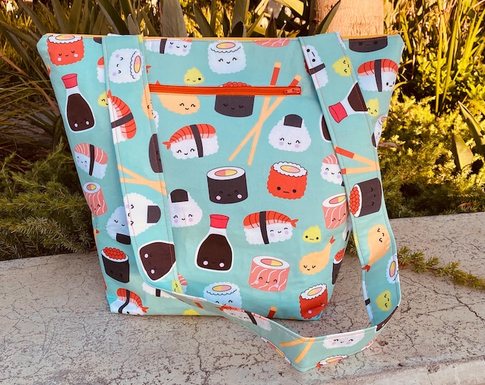 Happy Sushi - Large bag with top zip and pockets.