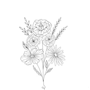Custom Family Birth Flower Drawing Floral Bouquet Line Art - Etsy