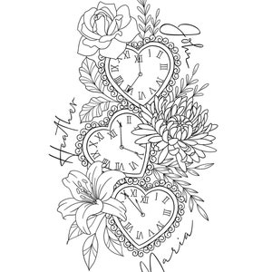May include: Three heart-shaped pocket watches with roman numeral faces are surrounded by flowers, including roses, lilies, and chrysanthemums. The words "Heather", "Olivia", and "Maria" are written in cursive around the watches.