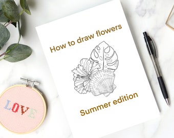 Wie man Sommerblumen zeichnet, druckbare Arbeitsblätter, Blumen für Bullet Journal, Blumen mit Schattierung, realistische Blumenmuster