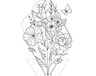 Motif géométrique personnalisé de fleurs de naissance, fleur du mois de naissance, motif de tatouage de famille, impression d'art au trait fleurs de naissance, motif de naissance personnalisé