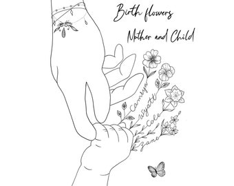 Könnte beinhalten: Schwarz-weiß-Linienkunst-Illustration einer Mutter und eines Kindes, die sich an den Händen halten. Die Illustration ist von Blumen umgeben und die Namen "Camryn", "Wyatt", "Cole" und "Jane" stehen auf den Stielen.