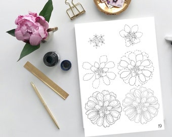 How to Draw Flowers Volume 2, Printable Worksheets, Flowers for Bullet Journal, Flowers with Shading, Realistic Florals