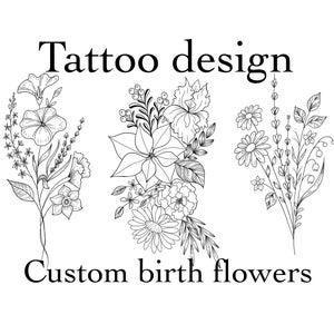 Индивидуальный дизайн цветов рождения/идея татуировки кластера/татуировка полевых цветов/линейное искусство рисования букета