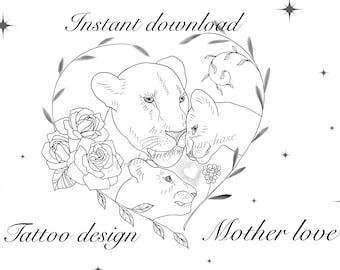 Diseño de tatuaje de leona y cachorros, amor maternal (descarga digital)