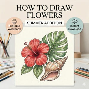 How to Draw Summer Flowers Vibes, Tropical Leaves and Seashell