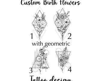 Geometric Birth Flower Tattoo Design| Custom Floral Bouquet with Sacred Geometry| Hand-Drawn Tattoo Stencil