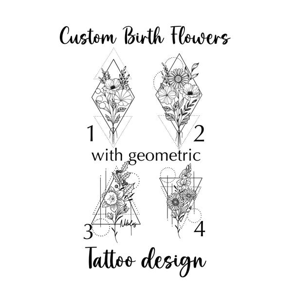 Geometric Birth Flower Tattoo Design| Custom Floral Bouquet with Sacred Geometry| Hand-Drawn Tattoo Stencil